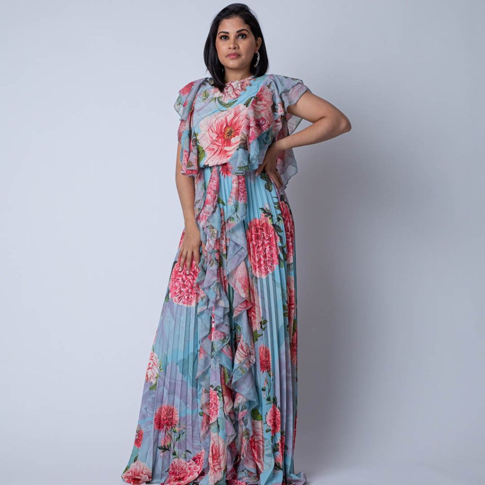 Long Dress, with Baby Blue Printed Flowers